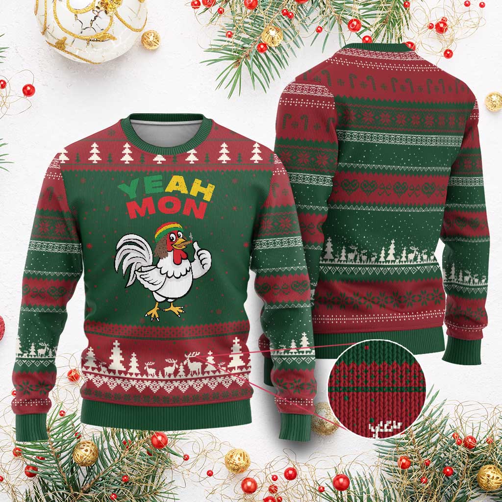Jamaica Chicken Ugly Christmas Sweater Yeah Mon Jamaican Rastacap - Wonder Print Shop