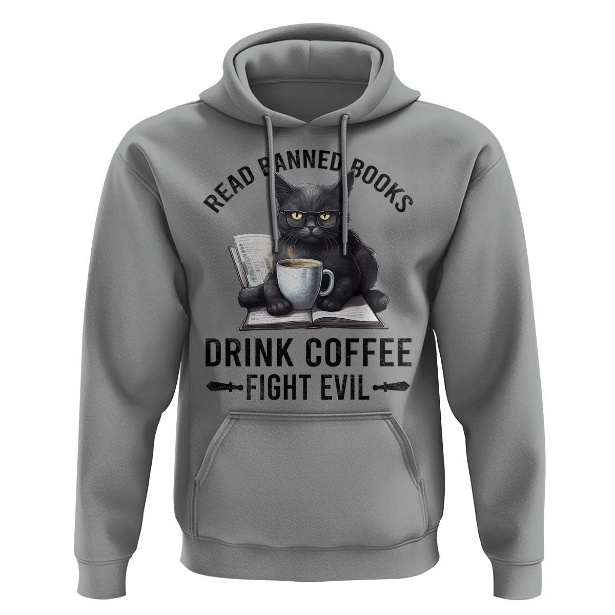 Funny Reading Cat Hoodie Read Banned Books Drink Coffee Fight Evil BookWorm - Wonder Print Shop