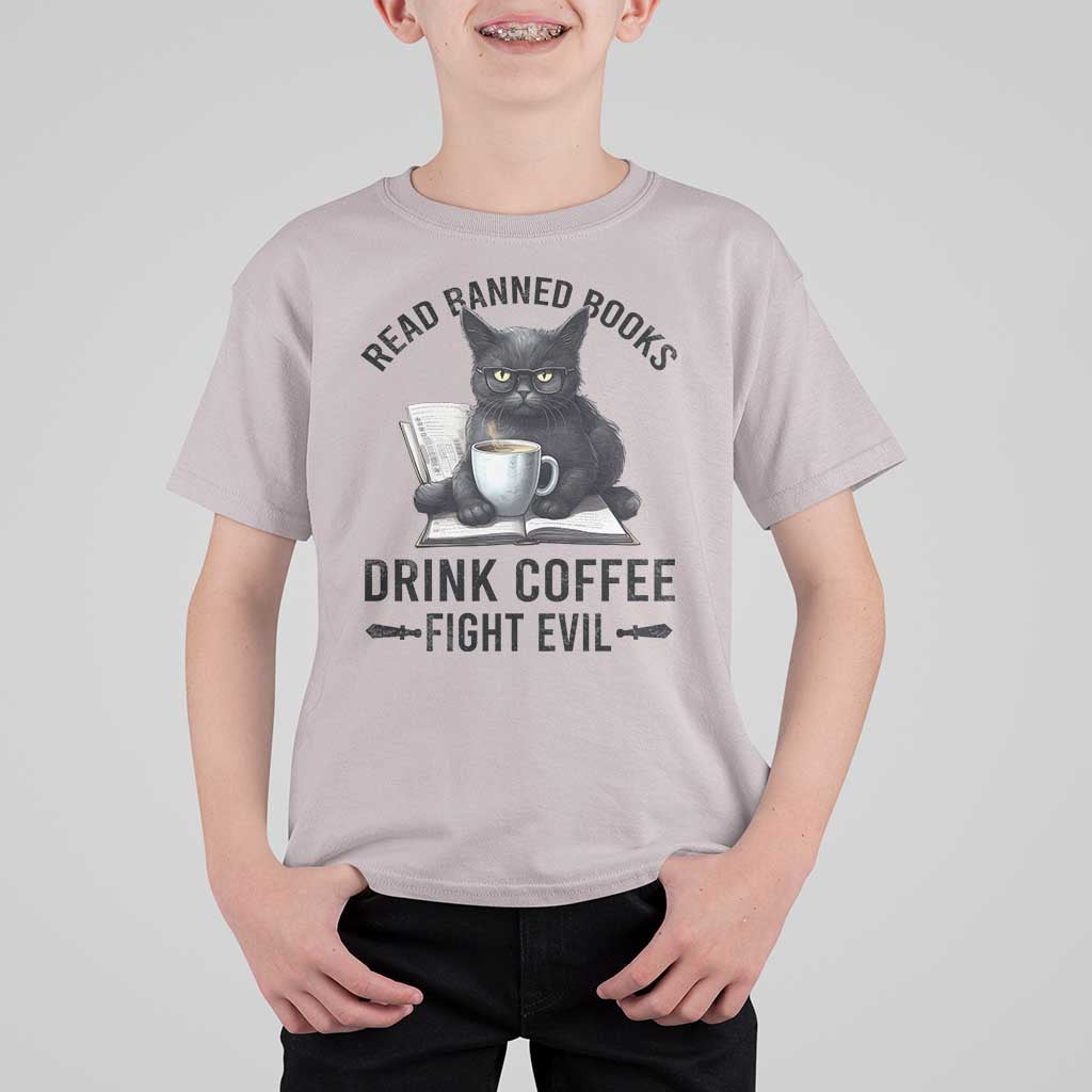 Funny Reading Cat T Shirt For Kid Read Banned Books Drink Coffee Fight Evil BookWorm - Wonder Print Shop