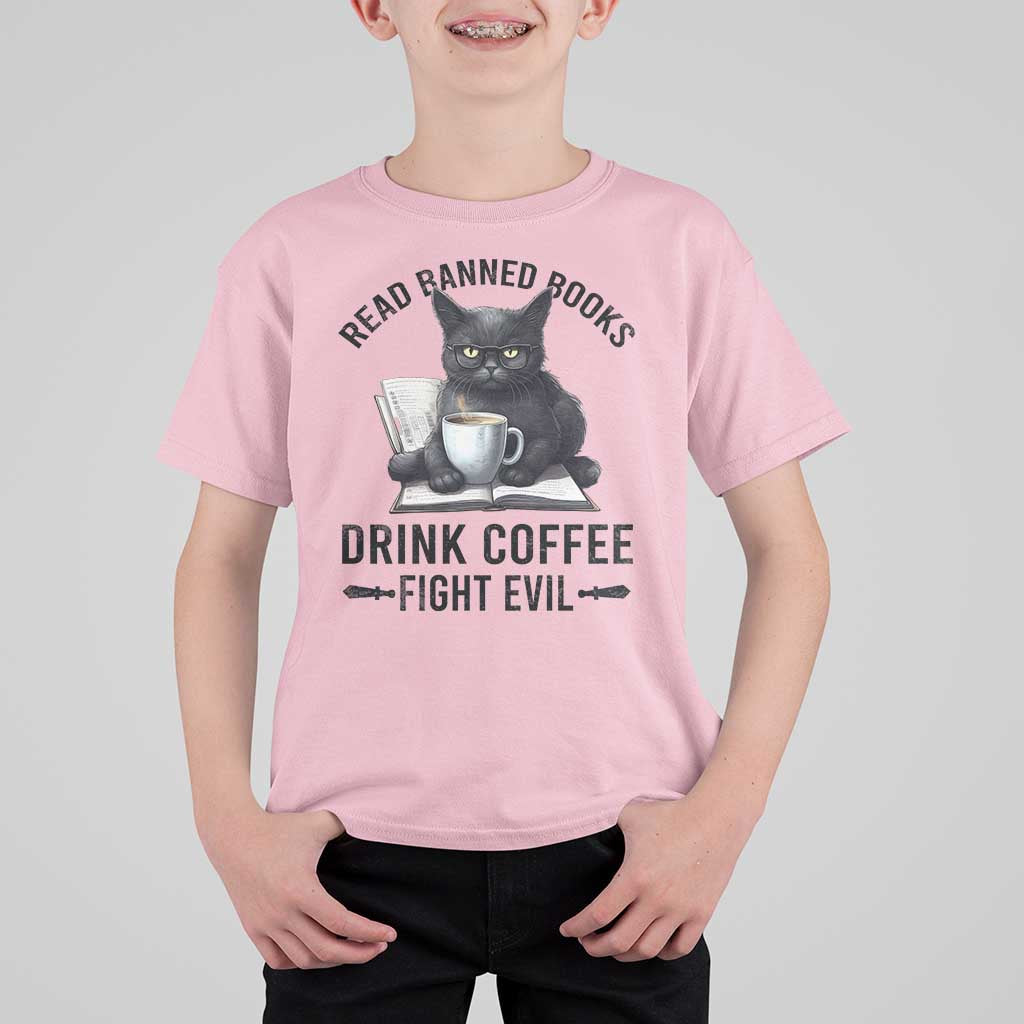 Funny Reading Cat T Shirt For Kid Read Banned Books Drink Coffee Fight Evil BookWorm - Wonder Print Shop