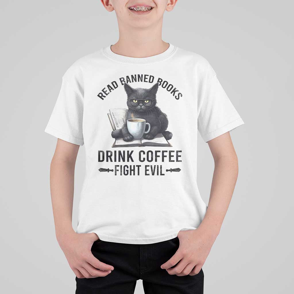 Funny Reading Cat T Shirt For Kid Read Banned Books Drink Coffee Fight Evil BookWorm - Wonder Print Shop