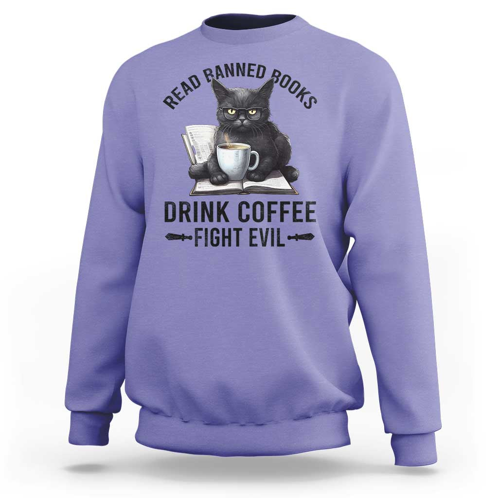 Funny Reading Cat Sweatshirt Read Banned Books Drink Coffee Fight Evil BookWorm - Wonder Print Shop