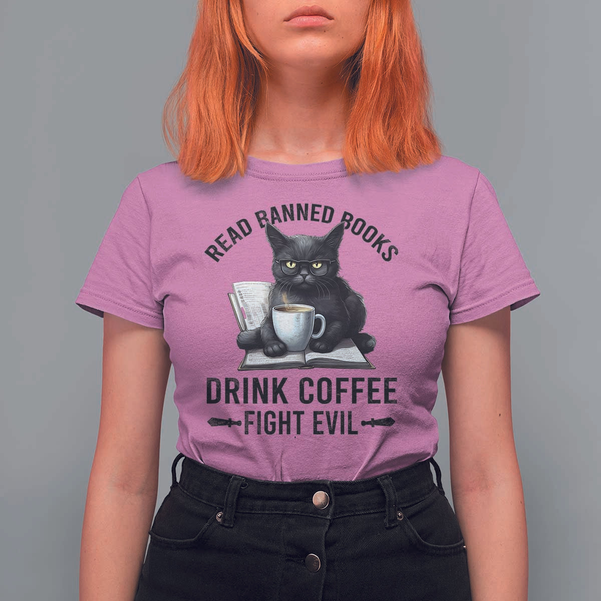 Funny Reading Cat T Shirt For Women Read Banned Books Drink Coffee Fight Evil BookWorm - Wonder Print Shop