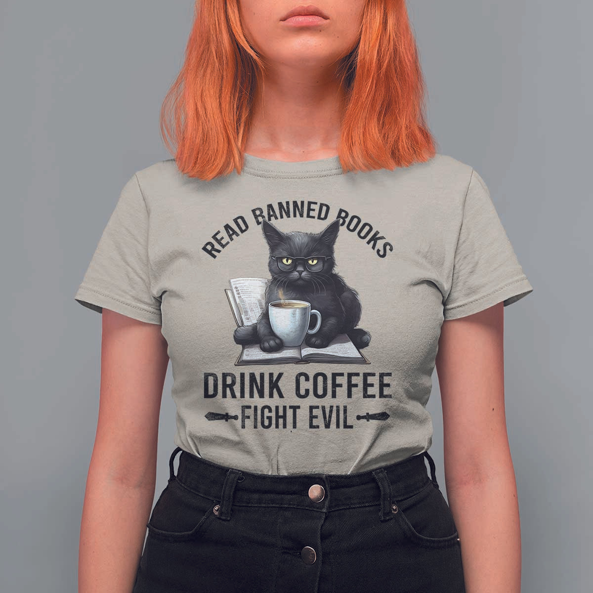 Funny Reading Cat T Shirt For Women Read Banned Books Drink Coffee Fight Evil BookWorm - Wonder Print Shop