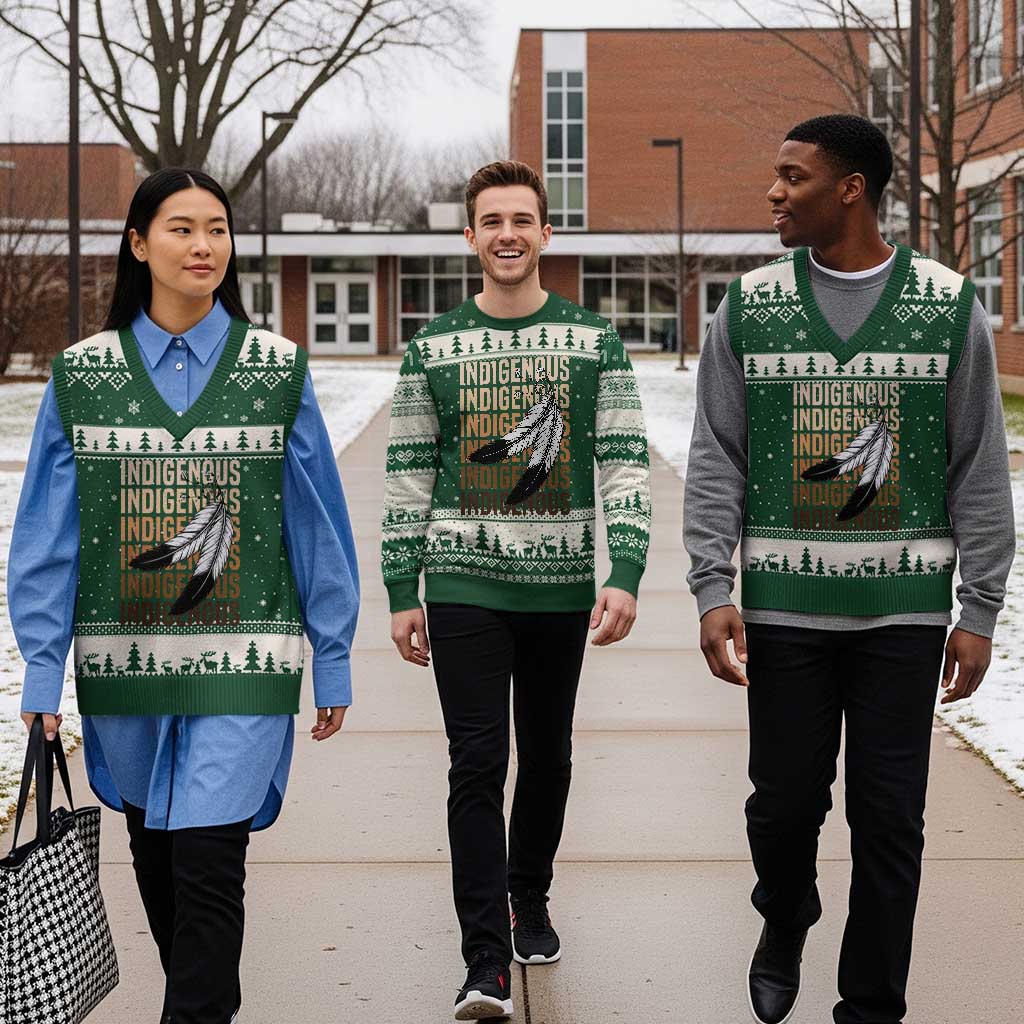 Indigenous Pride V-Neck Knit Sweater Vest Native American Heritage Feathers Dreamcatcher - Wonder Print Shop