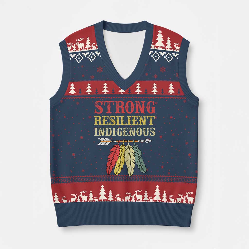 Native American Strong Resilient Indigenous V-Neck Knit Sweater Vest Retro Vintage Feathers - Wonder Print Shop