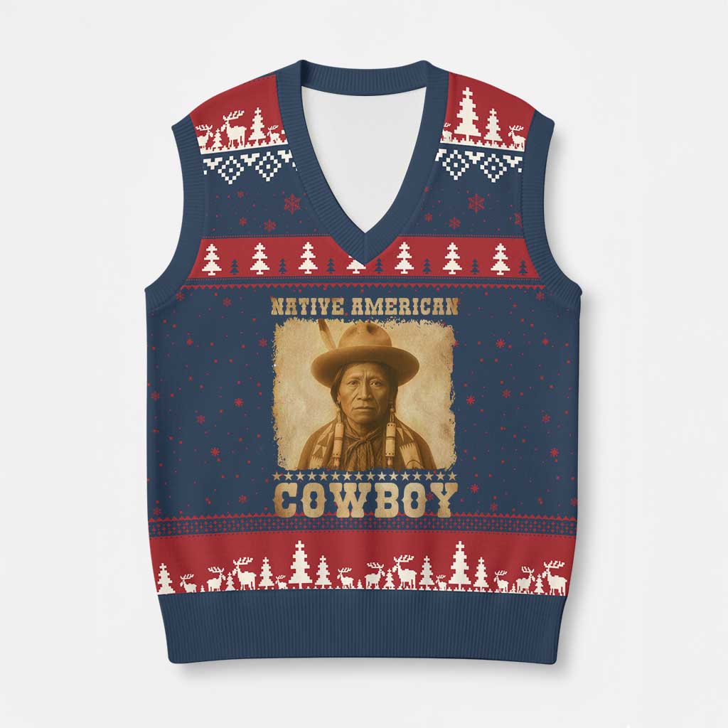 Native American Cowboy V-Neck Knit Sweater Vest Vintage Western Country Portrait - Wonder Print Shop