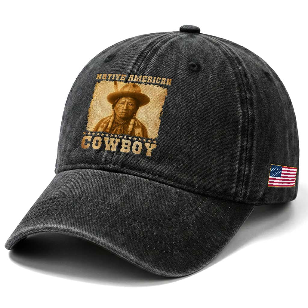 Native American Cowboy Washed Cotton Baseball Cap Vintage Western Country Portrait
