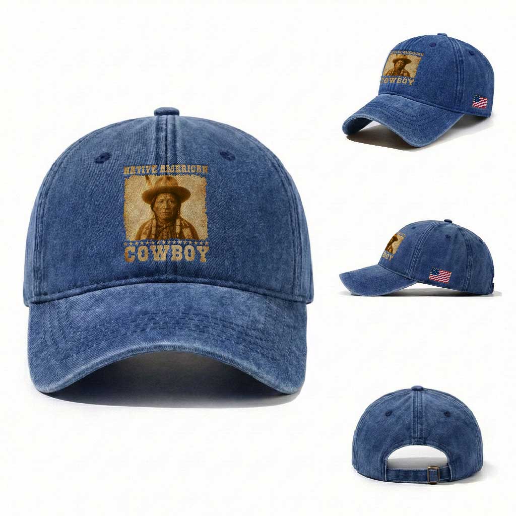 Native American Cowboy Washed Cotton Baseball Cap Vintage Western Country Portrait