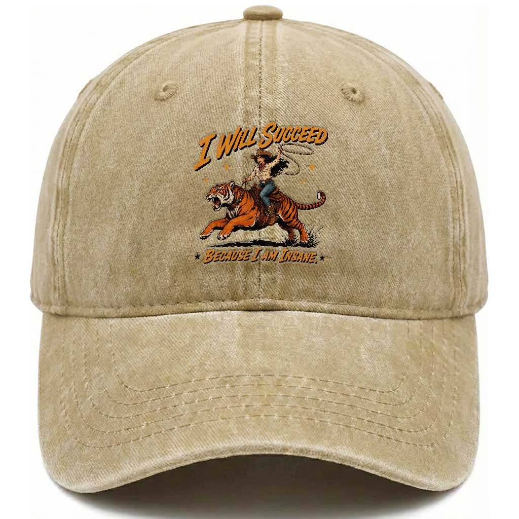 I Will Succeed Because I Am Insane Funny Cowgirl Riding Tiger Washed Cotton Baseball Cap