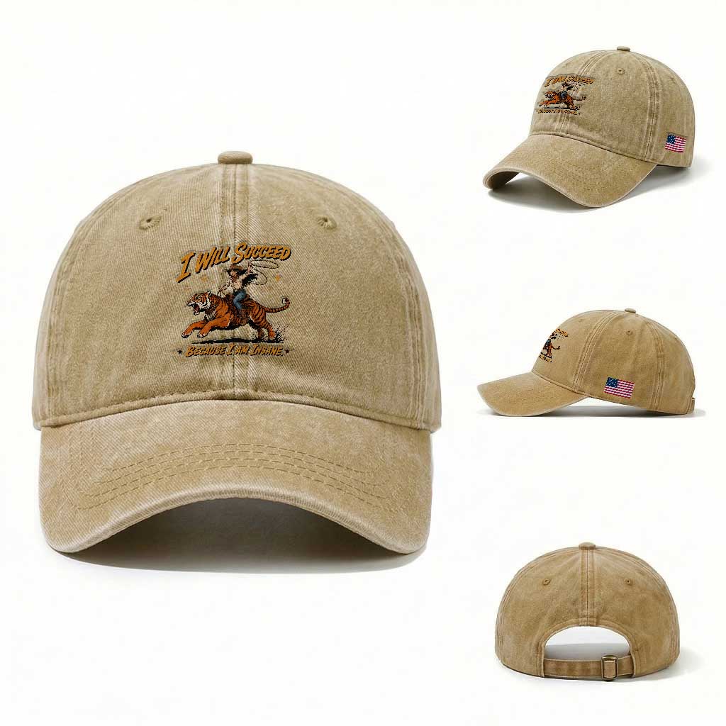 I Will Succeed Because I Am Insane Funny Cowgirl Riding Tiger Washed Cotton Baseball Cap