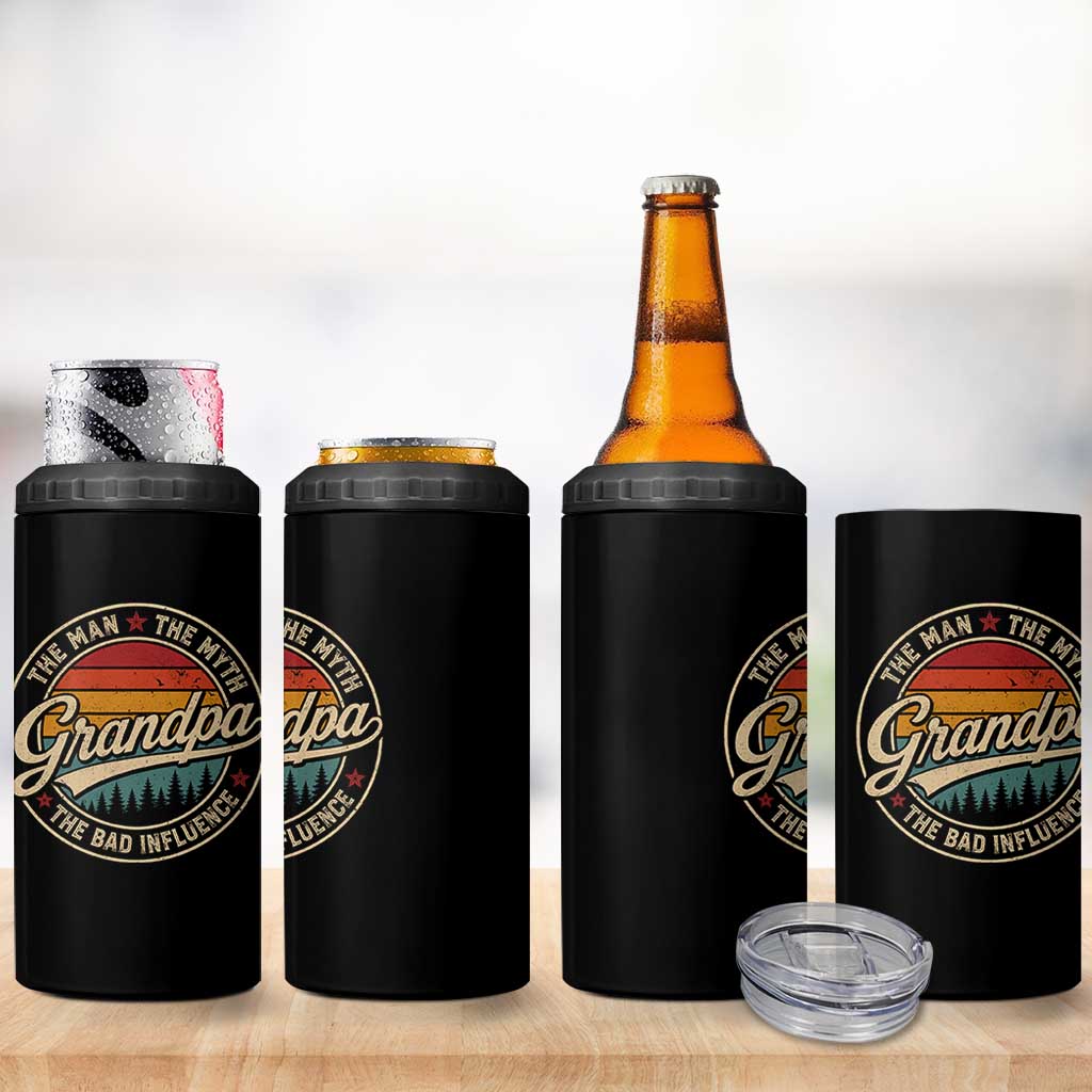 Grandpa The Man The Myth The Bad Influence 4 in 1 Can Cooler Tumbler Retro Forest Father's Day