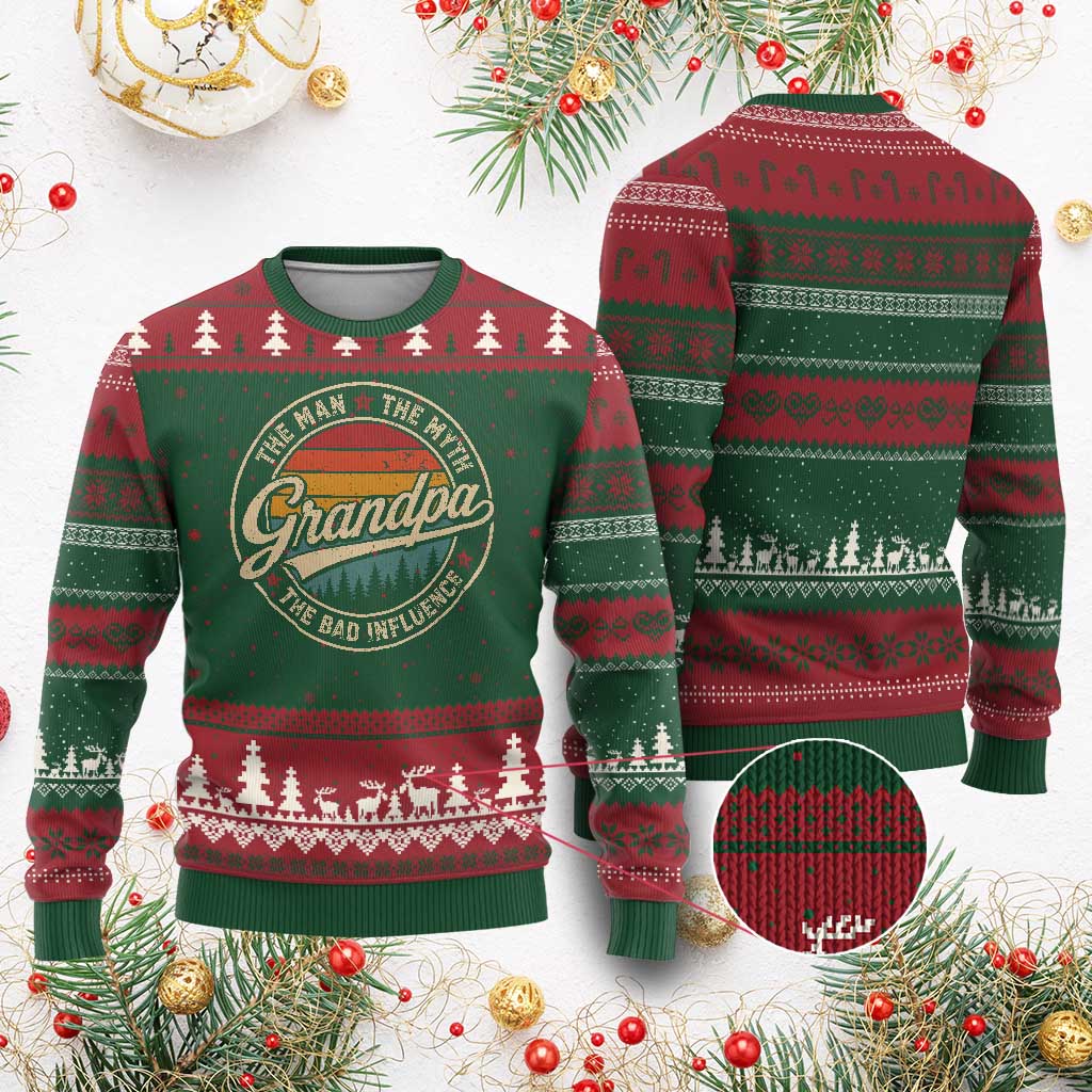 Grandpa The Man The Myth The Bad Influence Ugly Christmas Sweater Retro Forest Father's Day