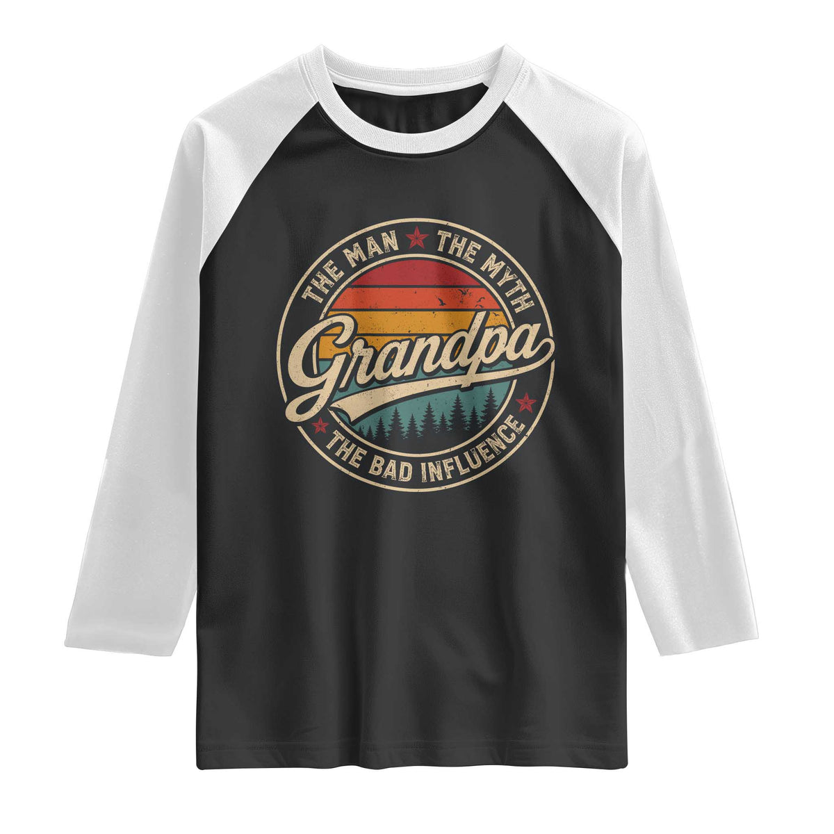 Grandpa The Man The Myth The Bad Influence Raglan Shirt Retro Forest Father's Day