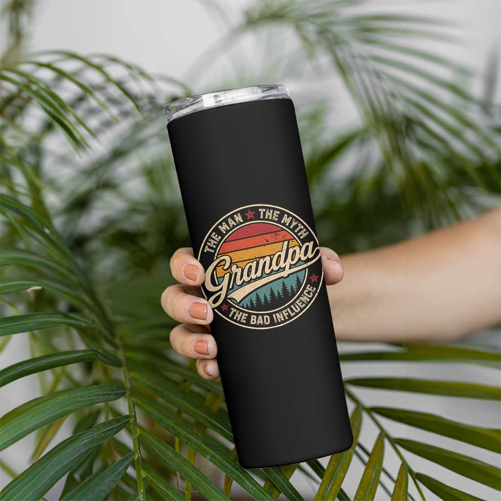 Grandpa The Man The Myth The Bad Influence Skinny Tumbler Retro Forest Father's Day