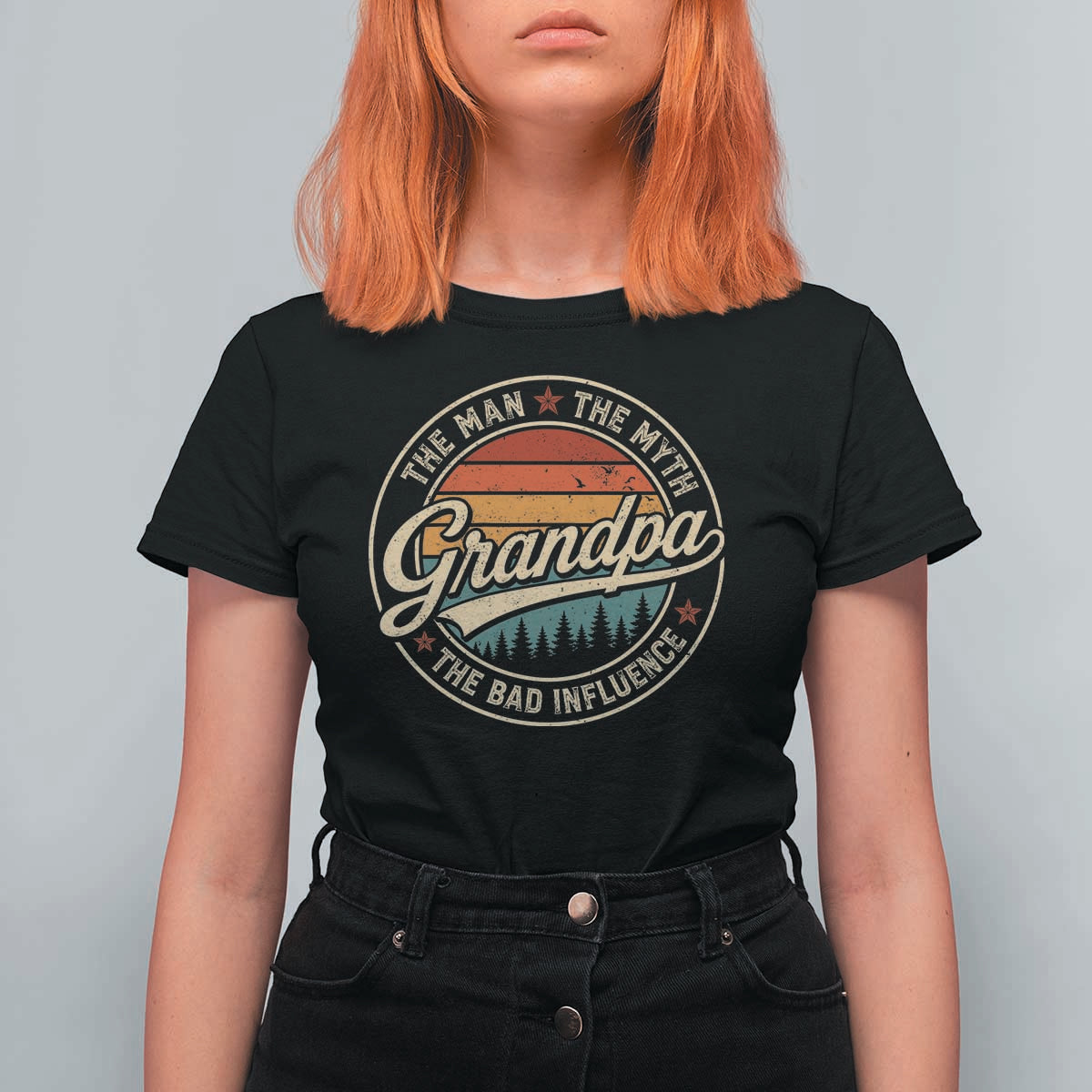 Grandpa The Man The Myth The Bad Influence T Shirt For Women Retro Forest Father's Day
