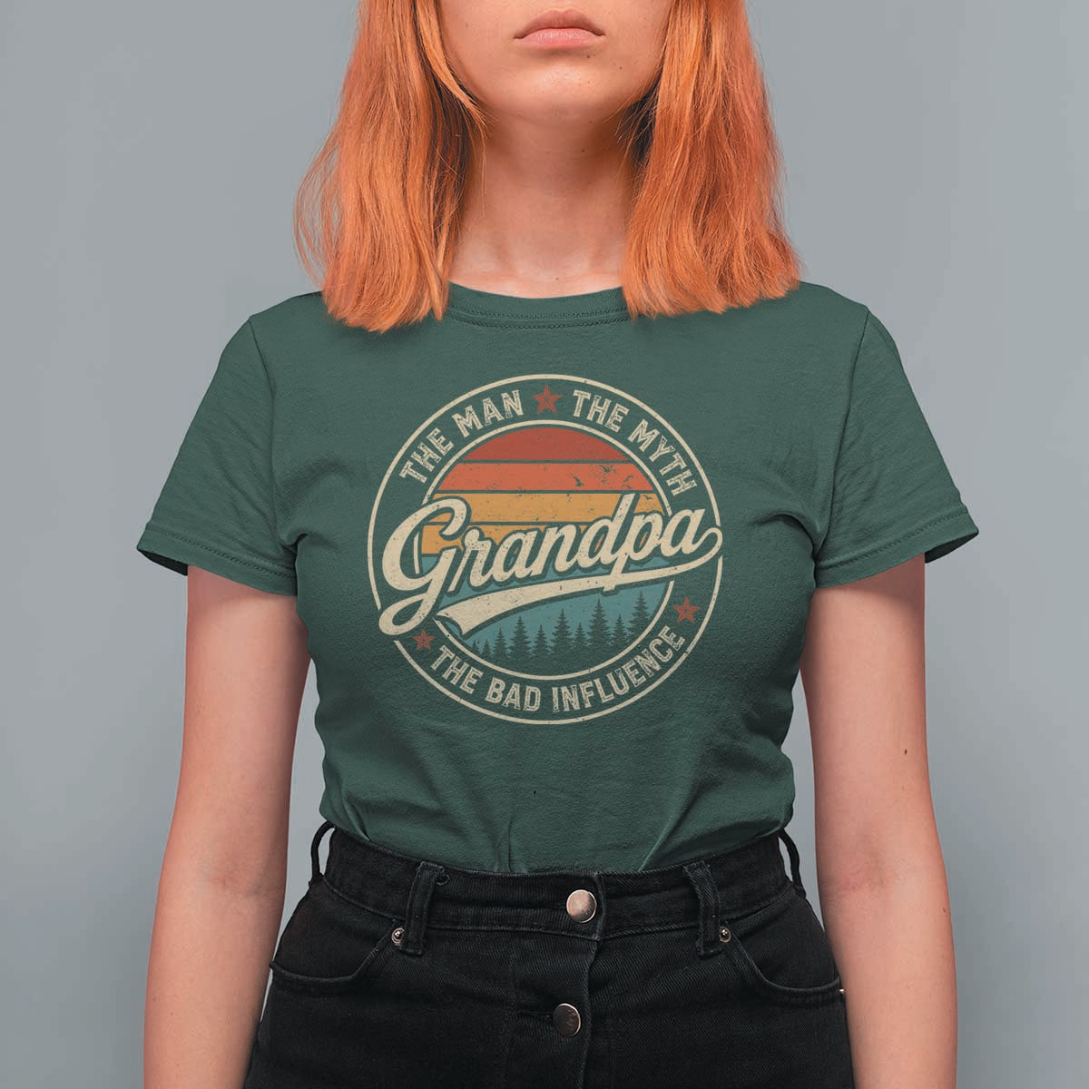Grandpa The Man The Myth The Bad Influence T Shirt For Women Retro Forest Father's Day