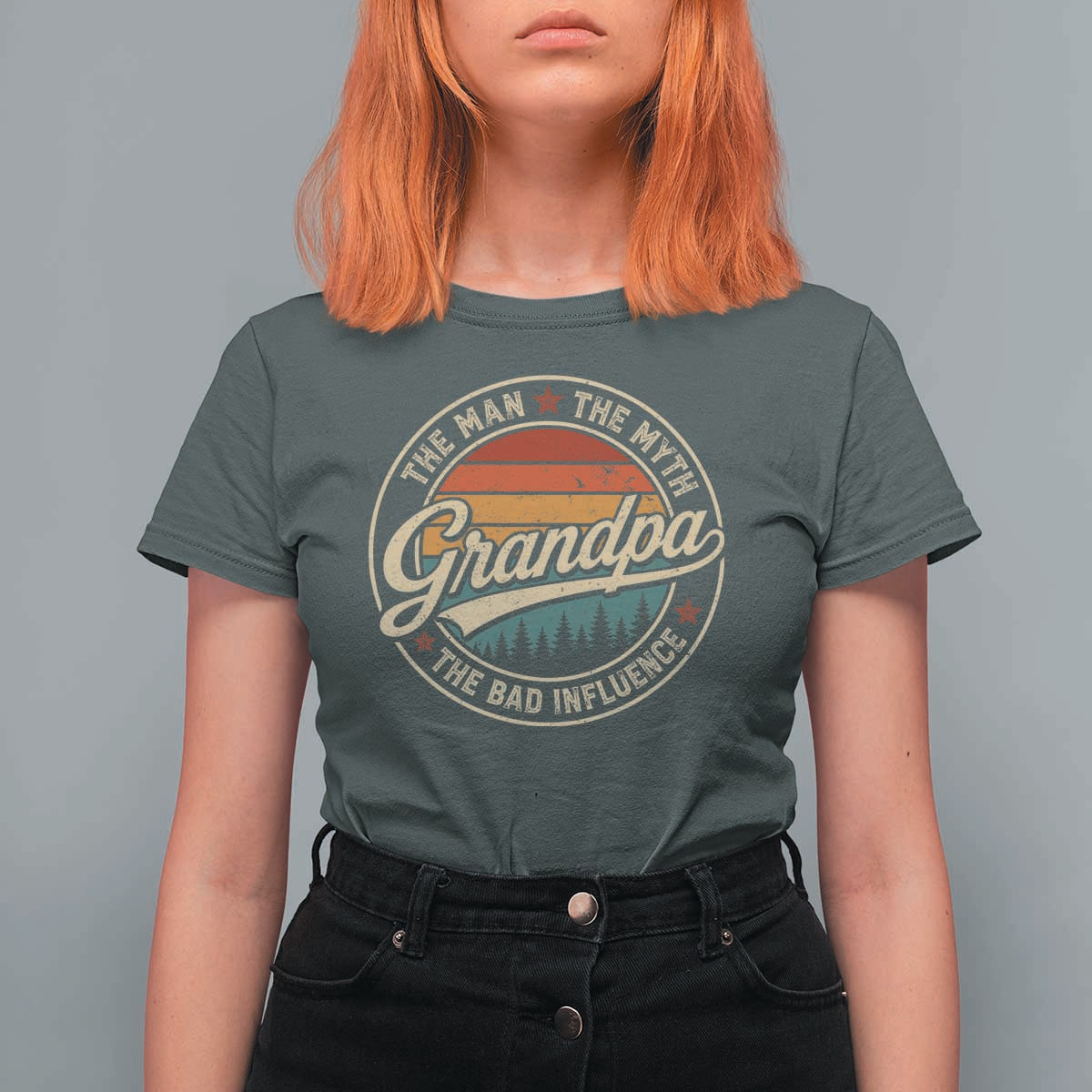 Grandpa The Man The Myth The Bad Influence T Shirt For Women Retro Forest Father's Day