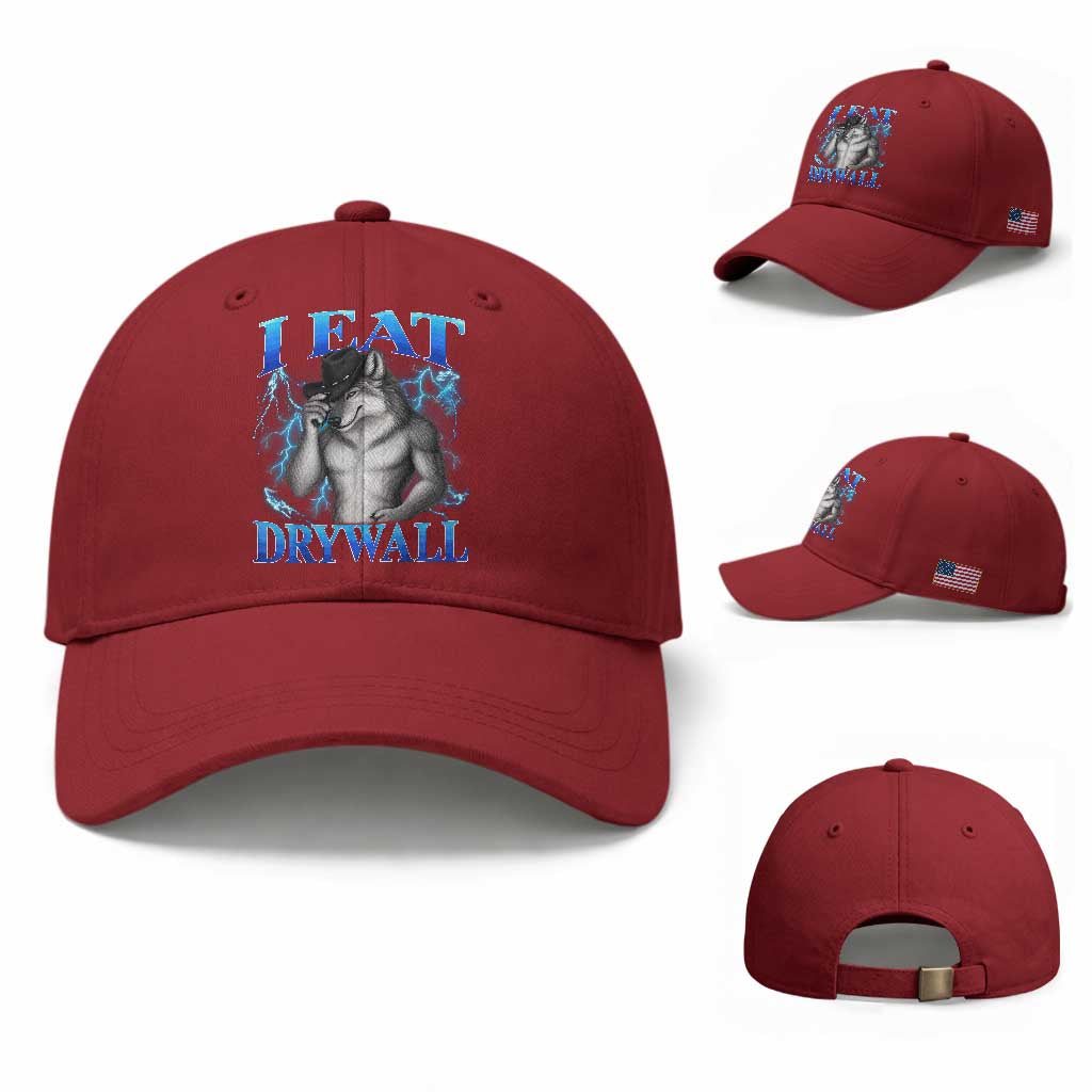 I Eat Drywall Funny Alpha Wolf Baseball Cap Stupid Brainrot Meme Edging Werewolf Boootleg Graphic
