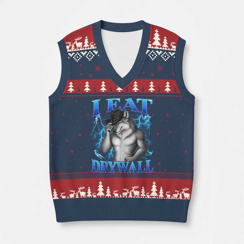 I Eat Drywall Funny Alpha Wolf V-Neck Knit Sweater Vest Stupid Brainrot Meme Edging Werewolf Boootleg Graphic