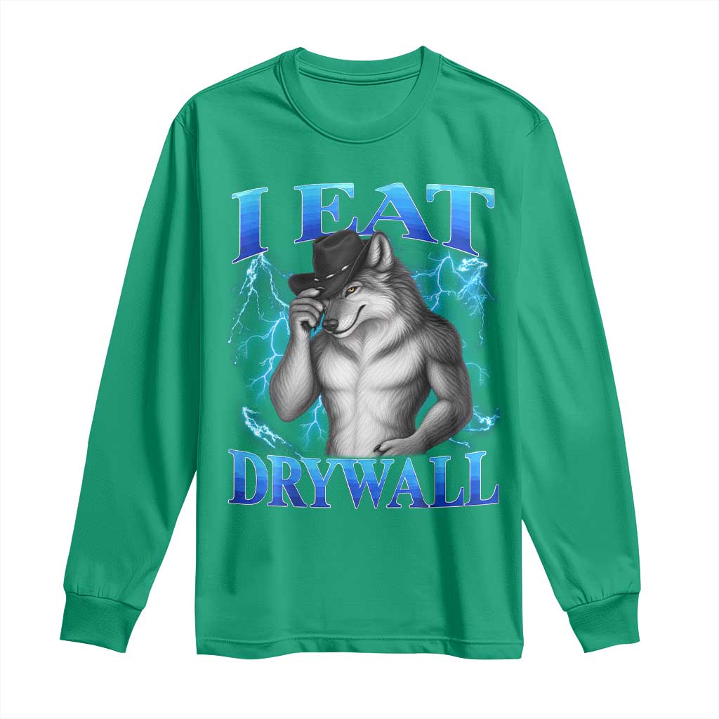 I Eat Drywall Funny Alpha Wolf Long Sleeve Shirt Stupid Brainrot Meme Edging Werewolf Boootleg Graphic