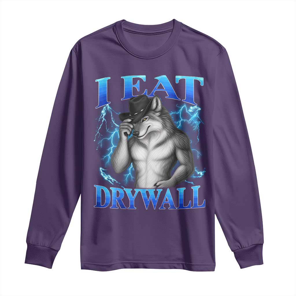 I Eat Drywall Funny Alpha Wolf Long Sleeve Shirt Stupid Brainrot Meme Edging Werewolf Boootleg Graphic