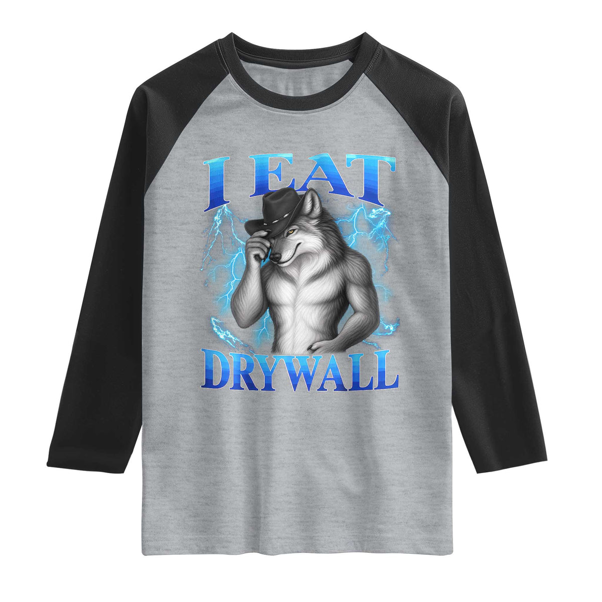 I Eat Drywall Funny Alpha Wolf Raglan Shirt Stupid Brainrot Meme Edging Werewolf Boootleg Graphic