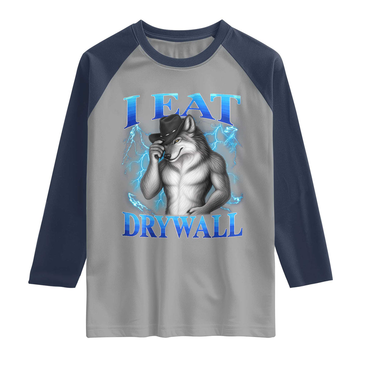 I Eat Drywall Funny Alpha Wolf Raglan Shirt Stupid Brainrot Meme Edging Werewolf Boootleg Graphic
