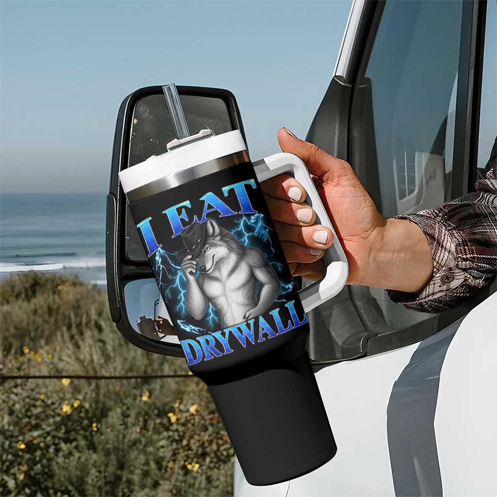 I Eat Drywall Funny Alpha Wolf Tumbler With Handle Stupid Brainrot Meme Edging Werewolf Boootleg Graphic