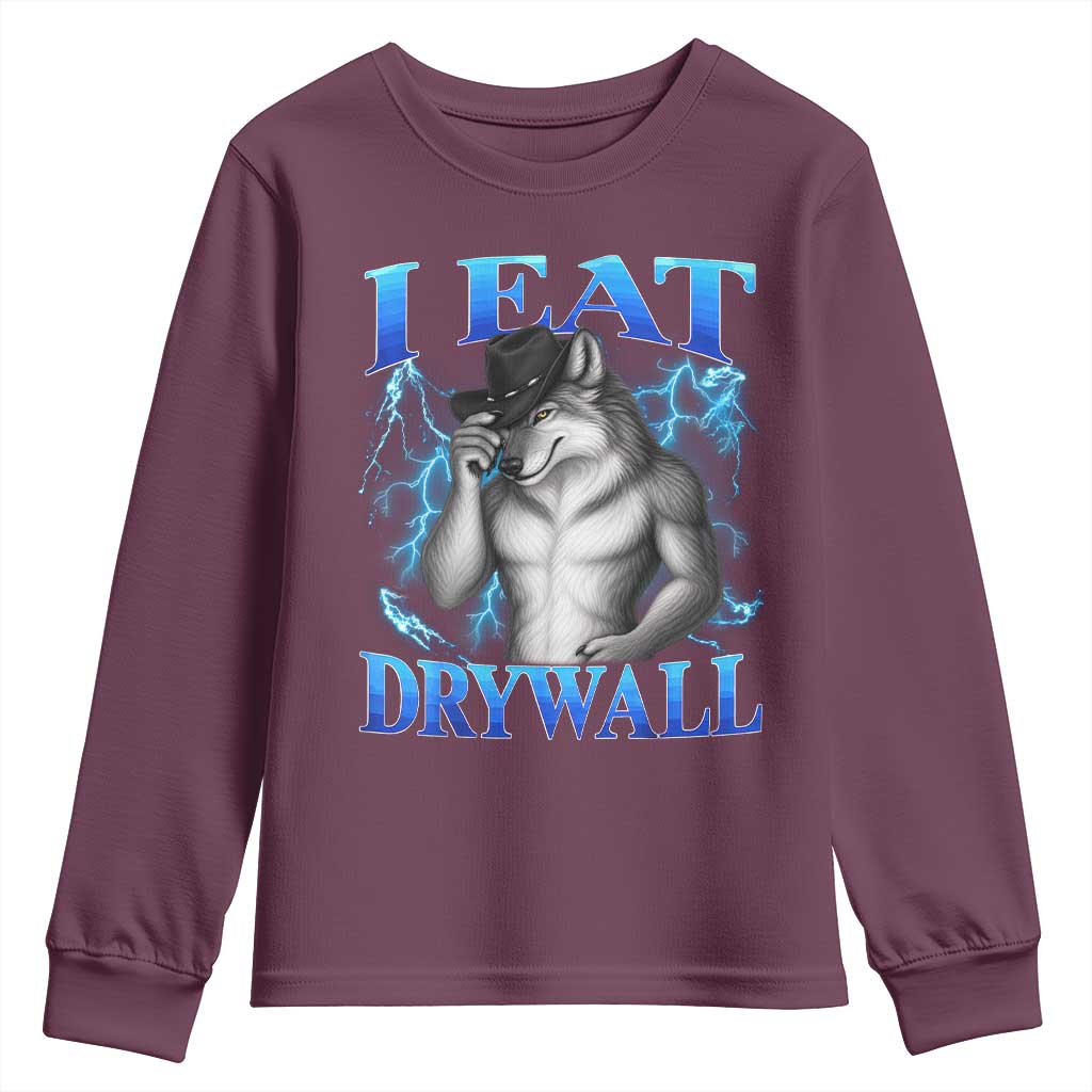 I Eat Drywall Funny Alpha Wolf Youth Sweatshirt Stupid Brainrot Meme Edging Werewolf Boootleg Graphic
