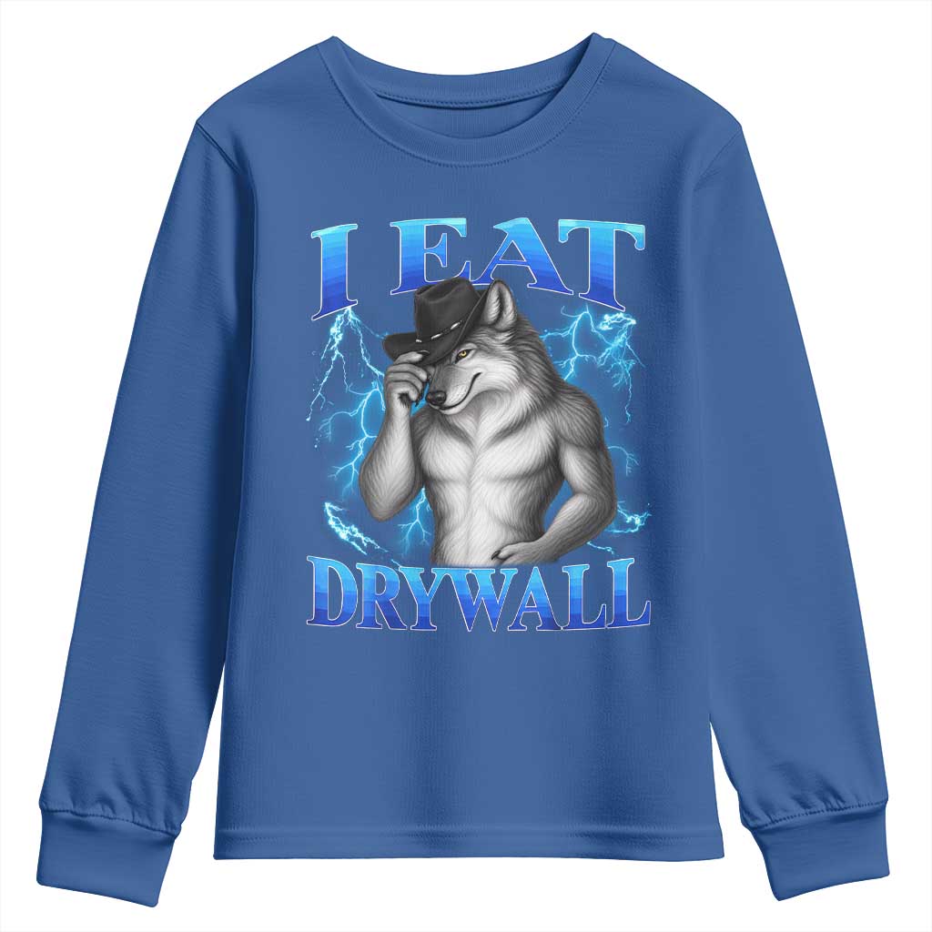I Eat Drywall Funny Alpha Wolf Youth Sweatshirt Stupid Brainrot Meme Edging Werewolf Boootleg Graphic