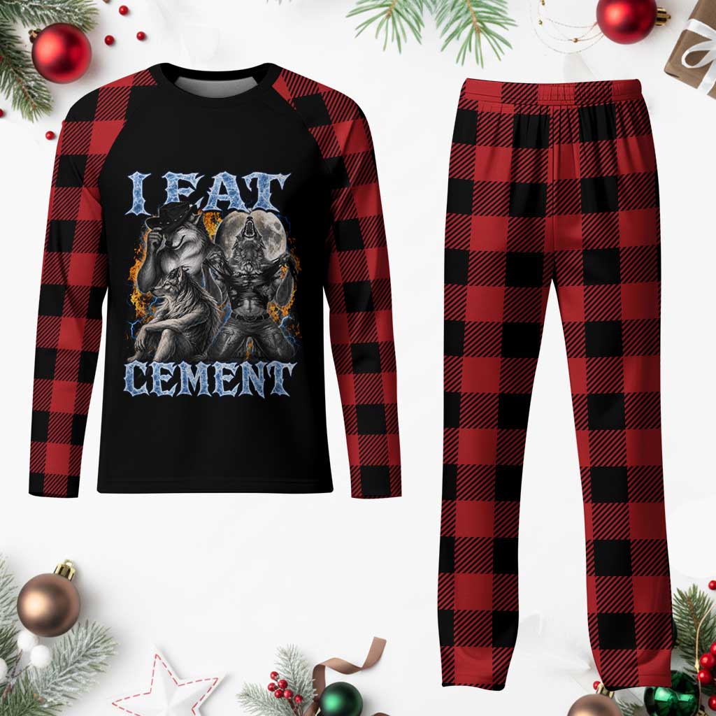 I Eat Cement Funny Alpha Wolf Meme Plaid Pajama Set Stupid Brainrot Meme Edging Werewolf Boootleg Graphic