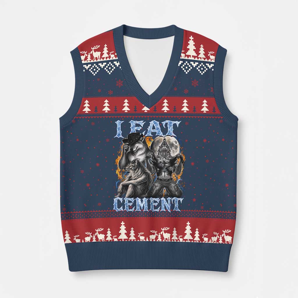 I Eat Cement Funny Alpha Wolf Meme V-Neck Knit Sweater Vest Stupid Brainrot Meme Edging Werewolf Boootleg Graphic