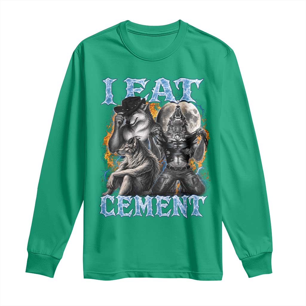 I Eat Cement Funny Alpha Wolf Meme Long Sleeve Shirt Stupid Brainrot Meme Edging Werewolf Boootleg Graphic