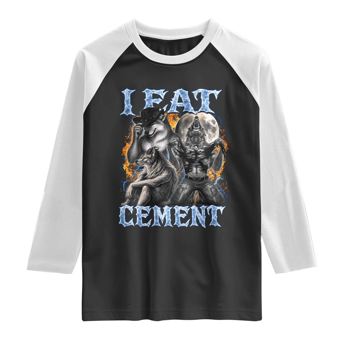 I Eat Cement Funny Alpha Wolf Meme Raglan Shirt Stupid Brainrot Meme Edging Werewolf Boootleg Graphic
