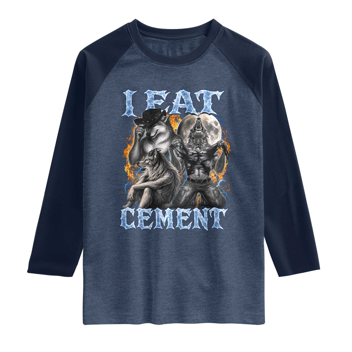 I Eat Cement Funny Alpha Wolf Meme Raglan Shirt Stupid Brainrot Meme Edging Werewolf Boootleg Graphic