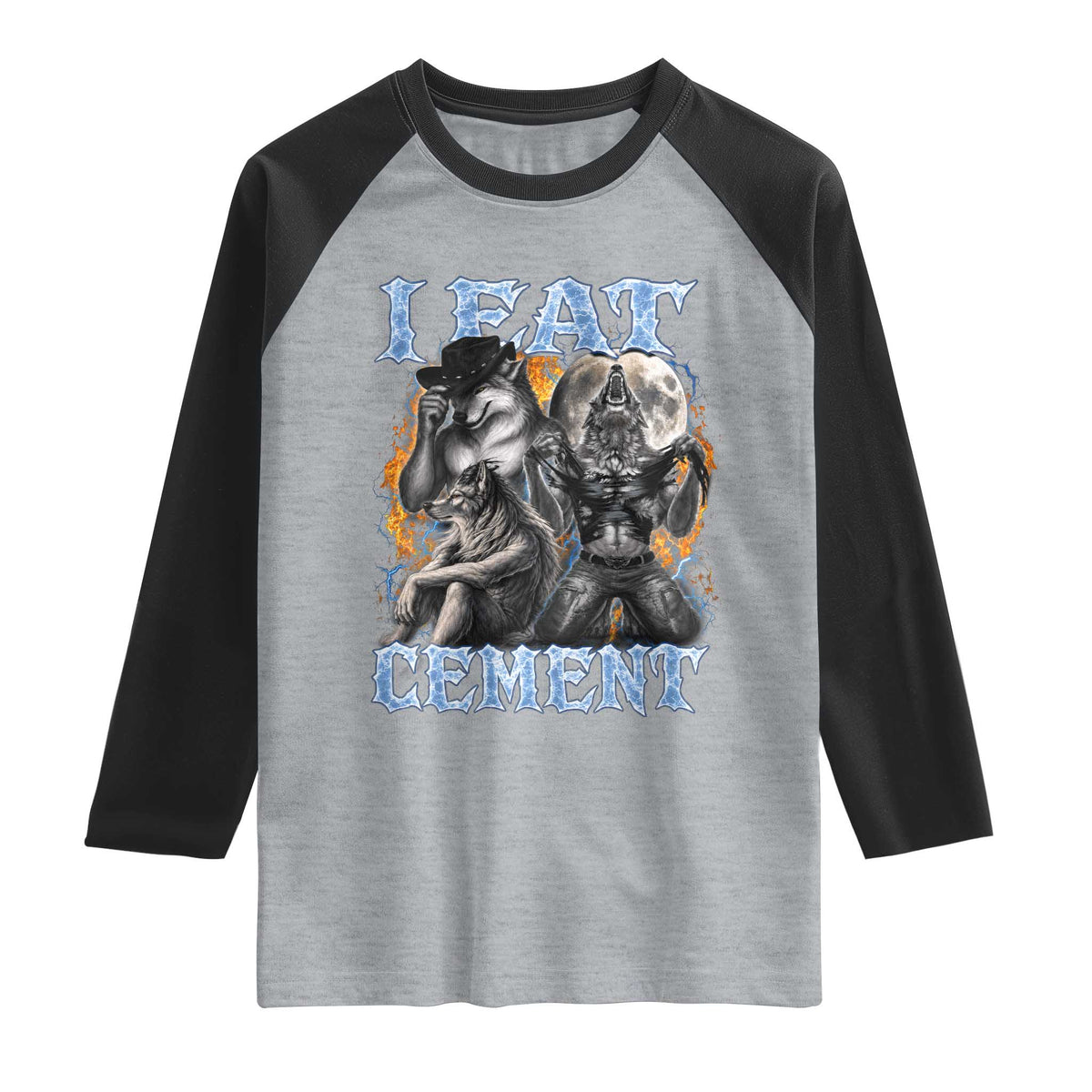I Eat Cement Funny Alpha Wolf Meme Raglan Shirt Stupid Brainrot Meme Edging Werewolf Boootleg Graphic