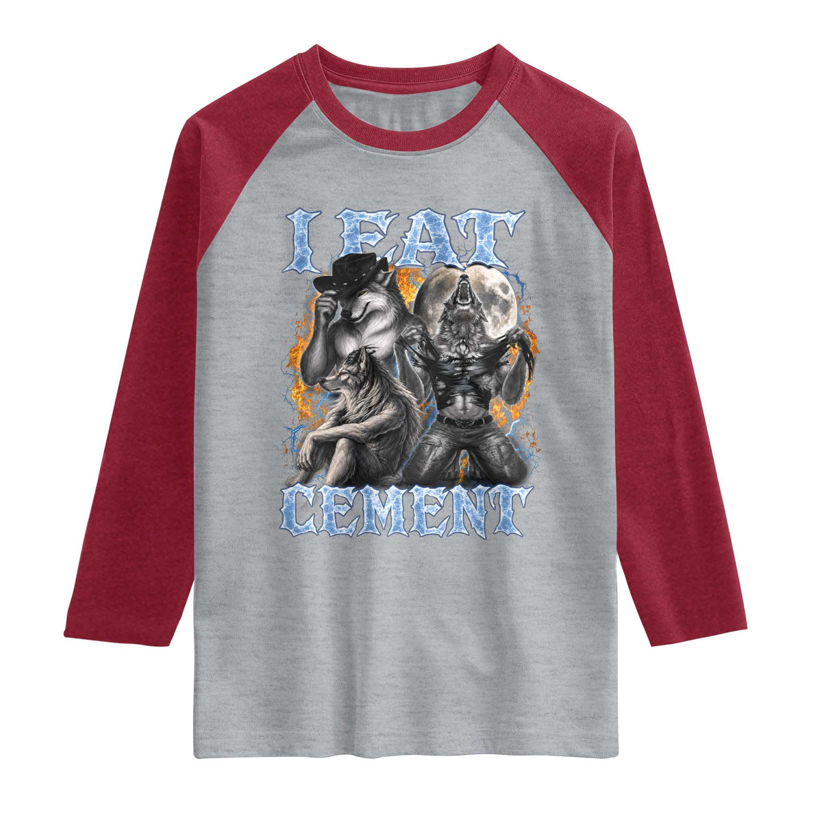 I Eat Cement Funny Alpha Wolf Meme Raglan Shirt Stupid Brainrot Meme Edging Werewolf Boootleg Graphic