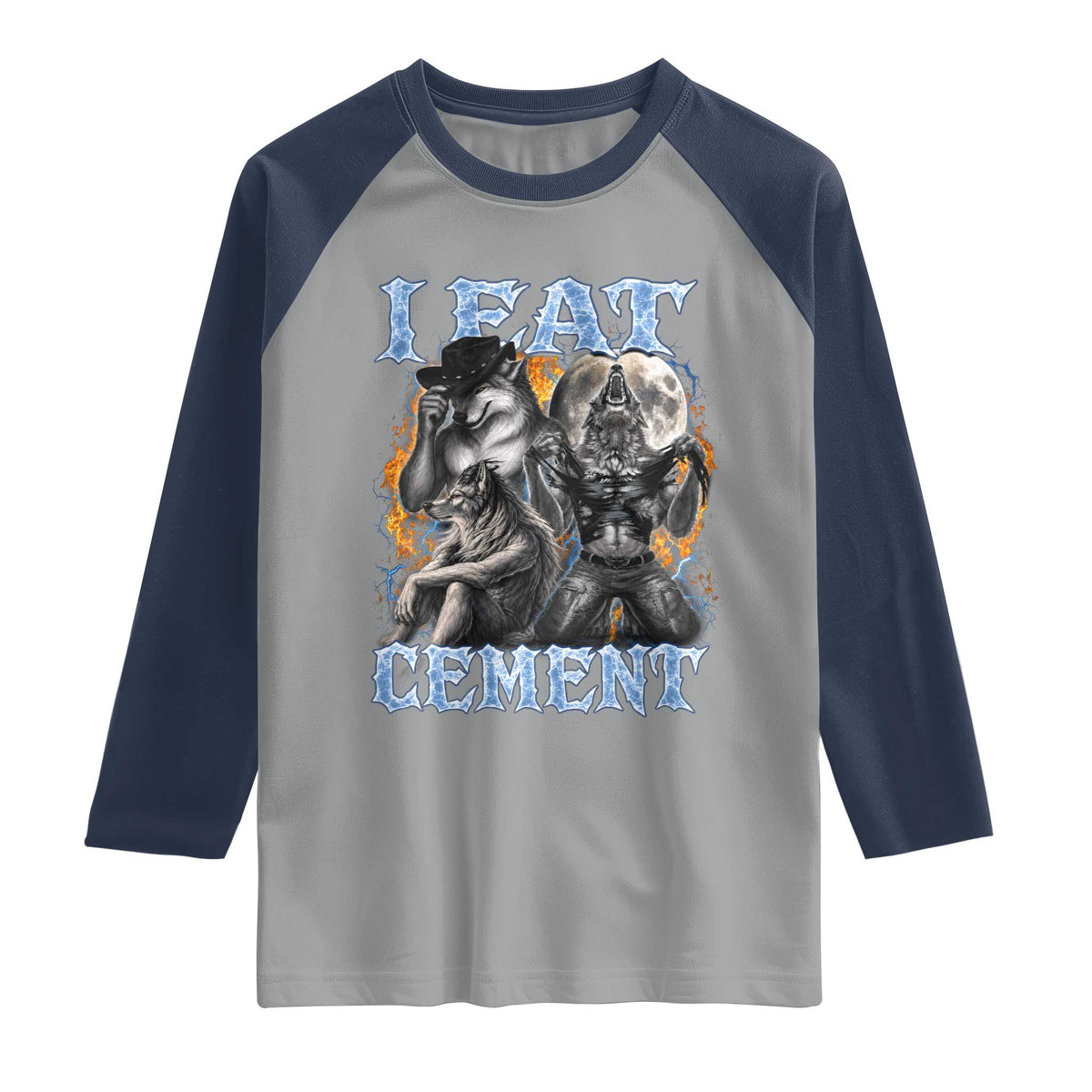 I Eat Cement Funny Alpha Wolf Meme Raglan Shirt Stupid Brainrot Meme Edging Werewolf Boootleg Graphic