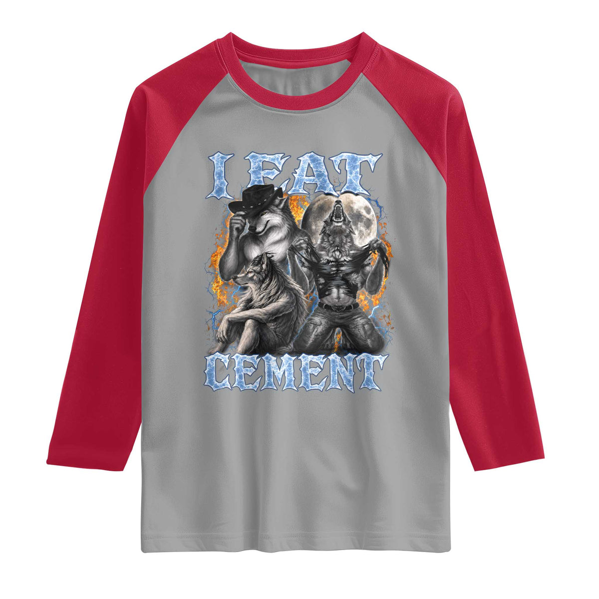I Eat Cement Funny Alpha Wolf Meme Raglan Shirt Stupid Brainrot Meme Edging Werewolf Boootleg Graphic
