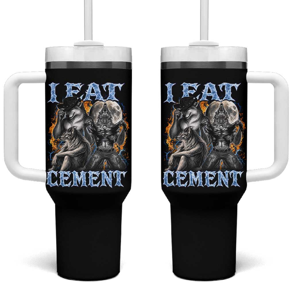 I Eat Cement Funny Alpha Wolf Meme Tumbler With Handle Stupid Brainrot Meme Edging Werewolf Boootleg Graphic