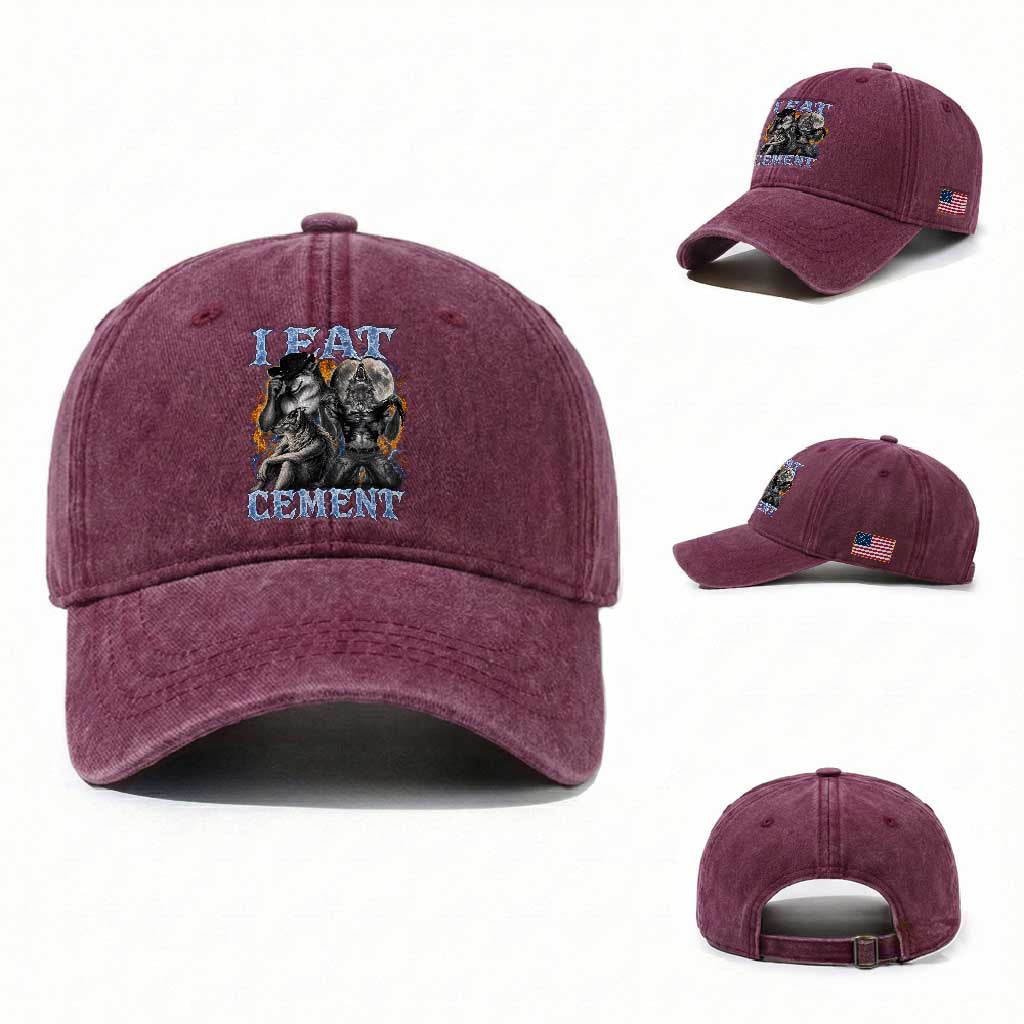 I Eat Cement Funny Alpha Wolf Meme Washed Cotton Baseball Cap Stupid Brainrot Meme Edging Werewolf Boootleg Graphic