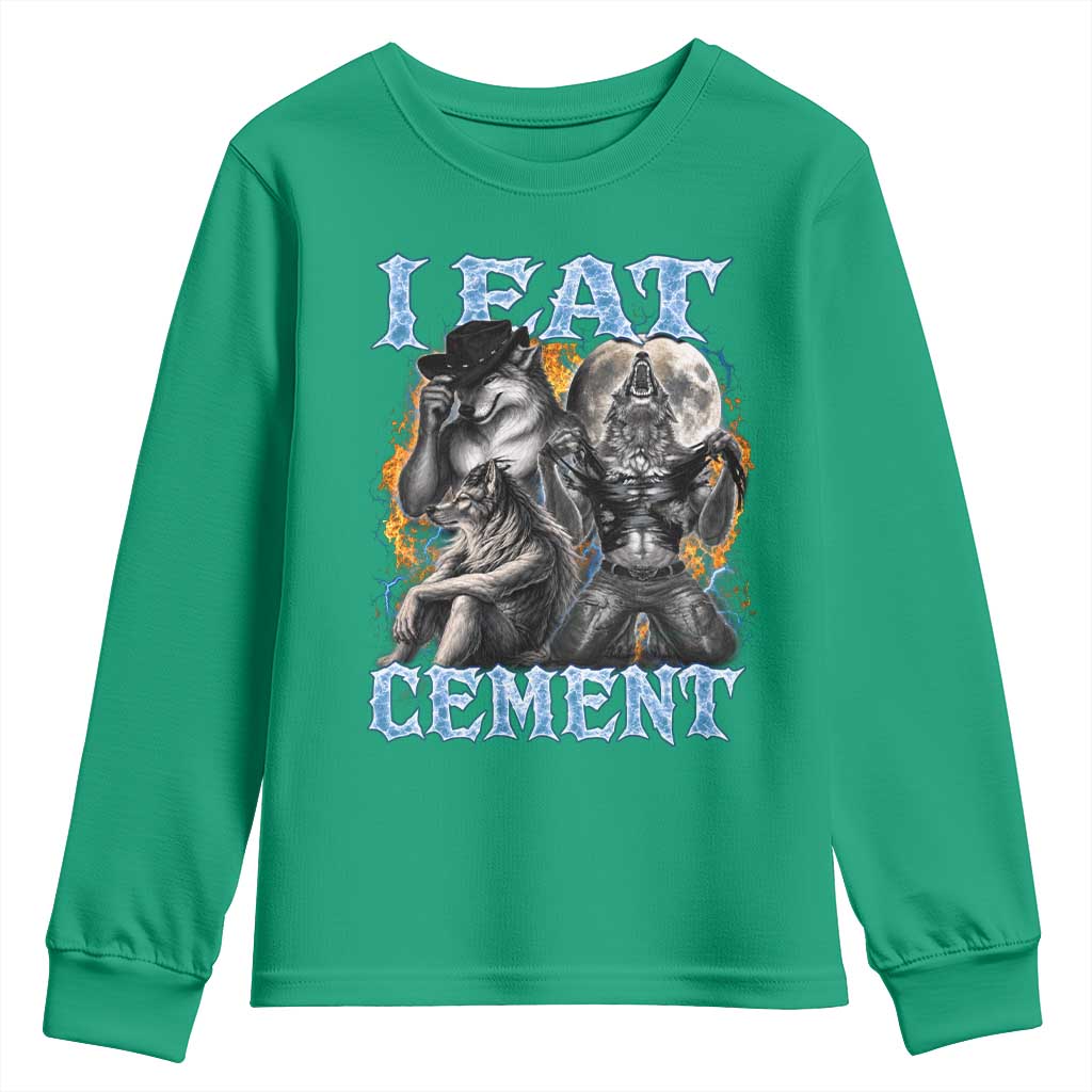 I Eat Cement Funny Alpha Wolf Meme Youth Sweatshirt Stupid Brainrot Meme Edging Werewolf Boootleg Graphic