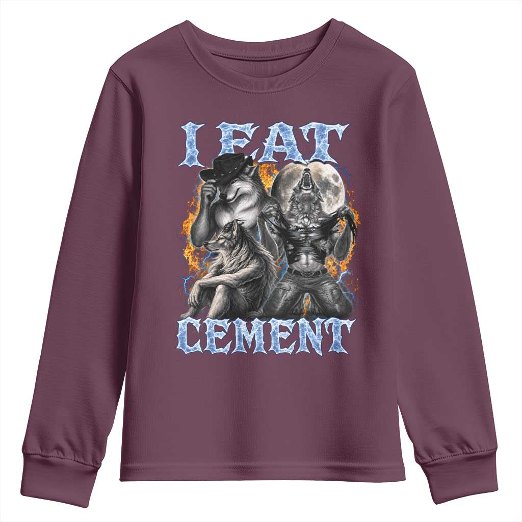 I Eat Cement Funny Alpha Wolf Meme Youth Sweatshirt Stupid Brainrot Meme Edging Werewolf Boootleg Graphic