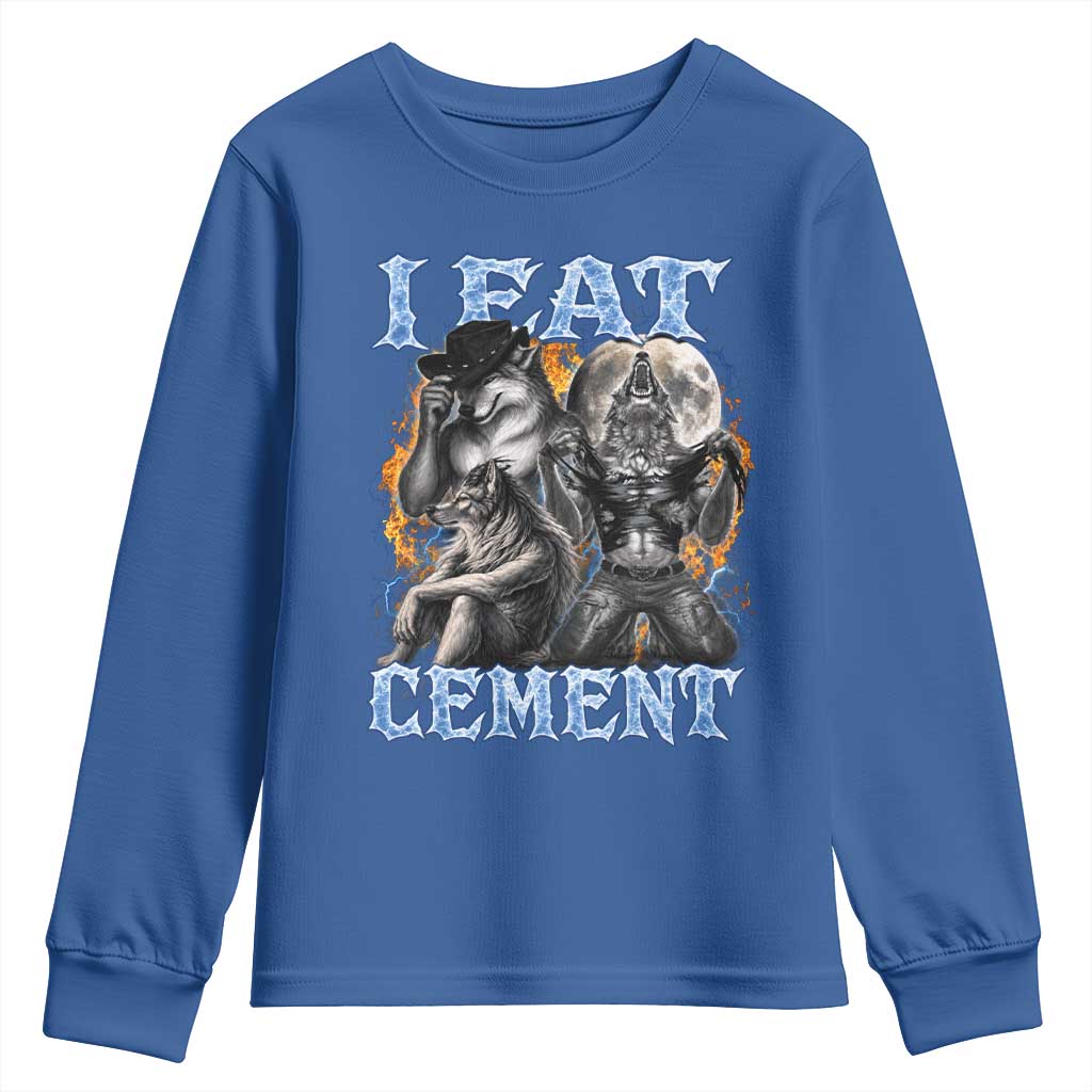 I Eat Cement Funny Alpha Wolf Meme Youth Sweatshirt Stupid Brainrot Meme Edging Werewolf Boootleg Graphic