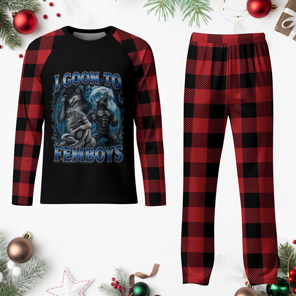I Goon to Femboys Funny Edging Alpha Wolf Plaid Pajama Set Stupid Brainrot Meme