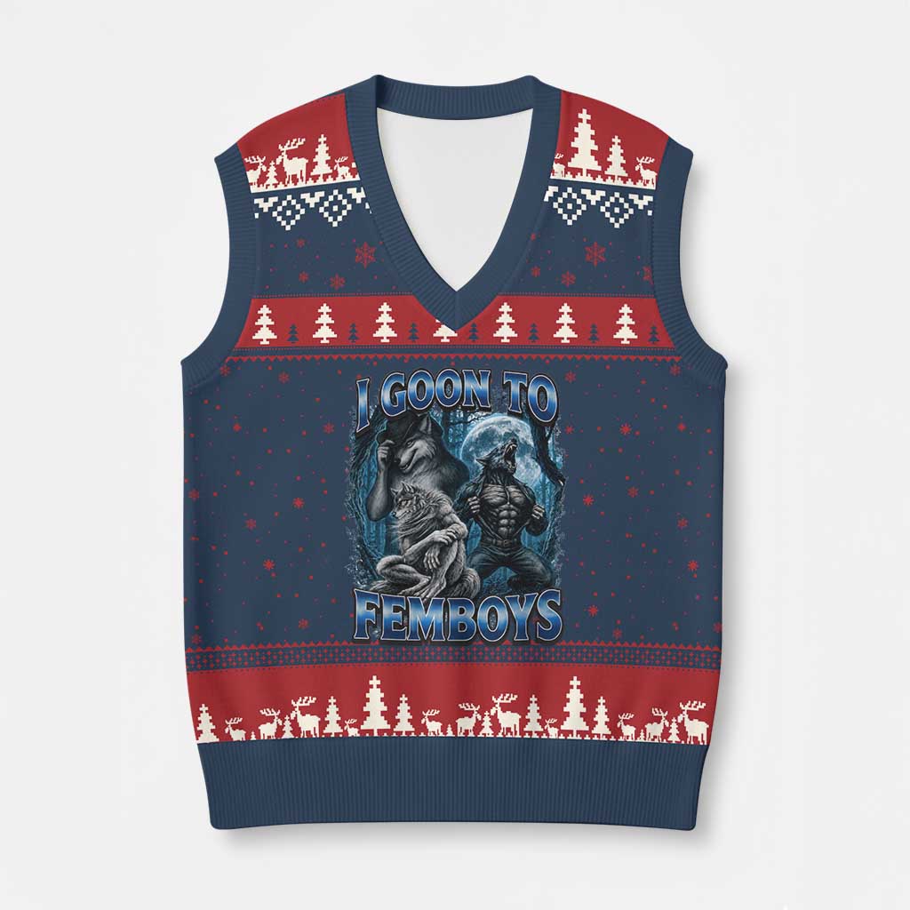 I Goon to Femboys Funny Edging Alpha Wolf V-Neck Knit Sweater Vest Stupid Brainrot Meme