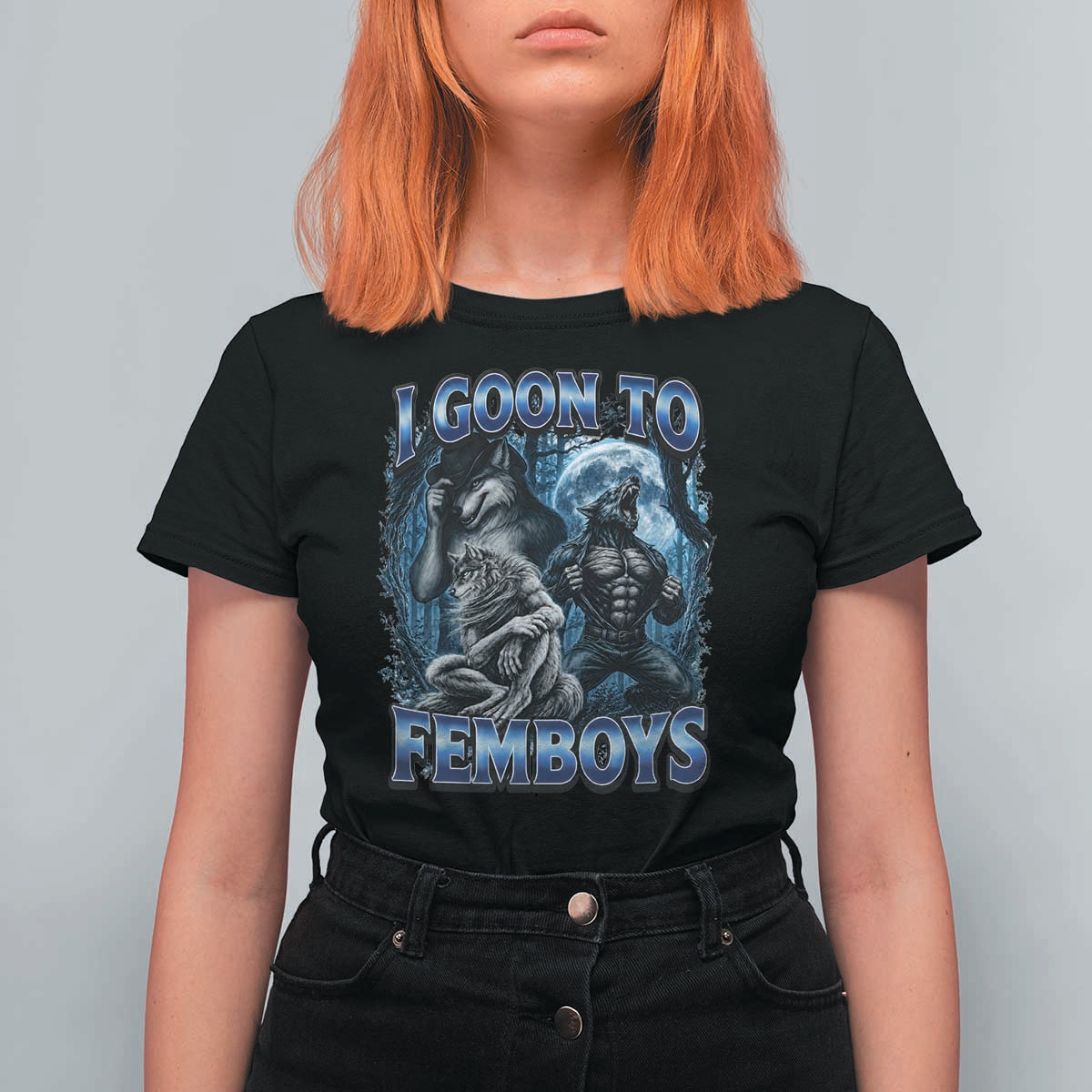 I Goon to Femboys Funny Edging Alpha Wolf T Shirt For Women Stupid Brainrot Meme