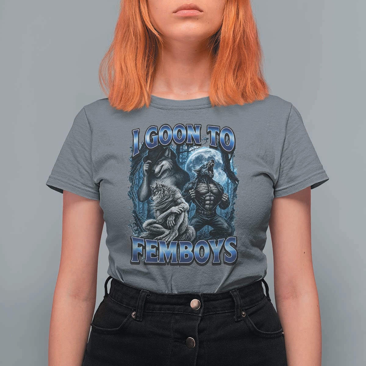 I Goon to Femboys Funny Edging Alpha Wolf T Shirt For Women Stupid Brainrot Meme