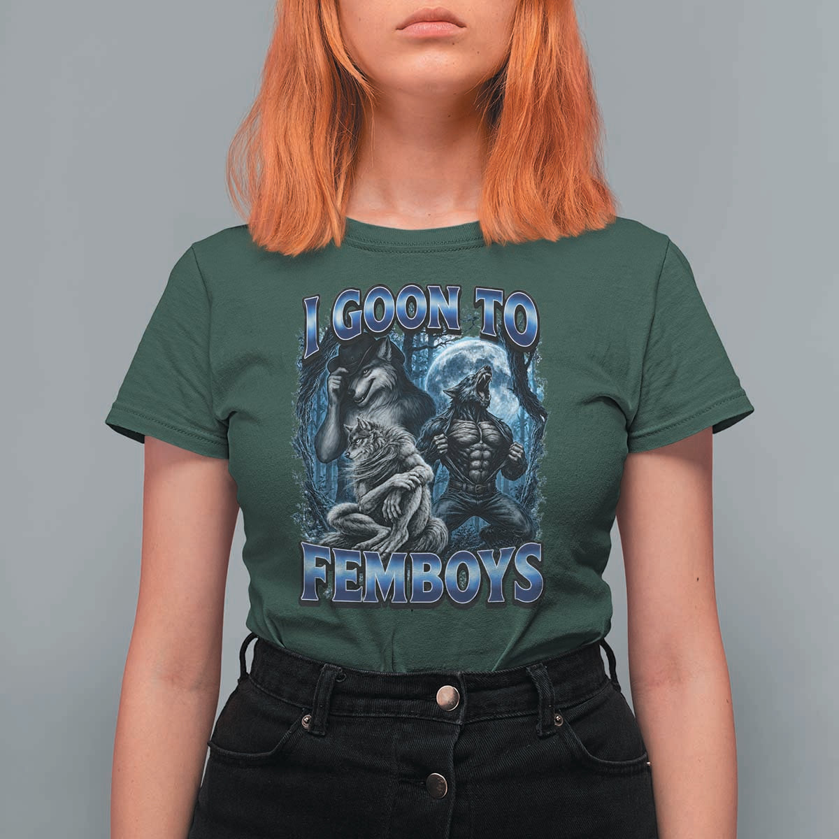 I Goon to Femboys Funny Edging Alpha Wolf T Shirt For Women Stupid Brainrot Meme